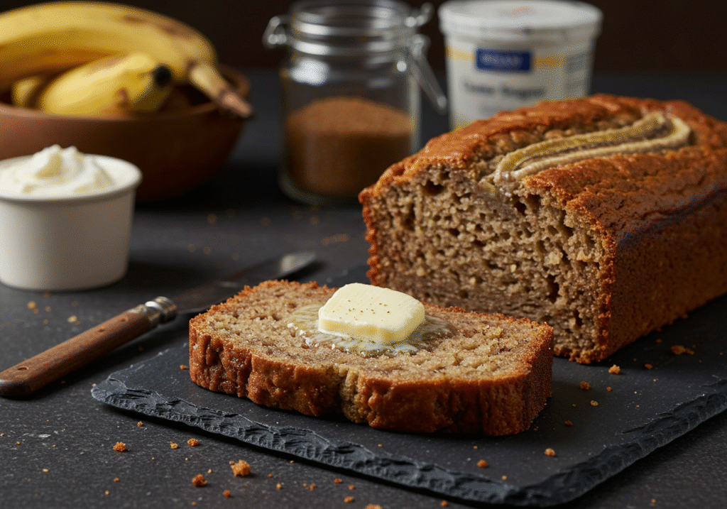 Slice of homemade moist banana bread with candied ginger and pepitas on a slate board, with ripe bananas and baking ingredients in the background.
