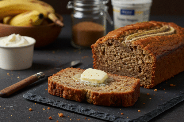 Slice of homemade moist banana bread with candied ginger and pepitas on a slate board, with ripe bananas and baking ingredients in the background.