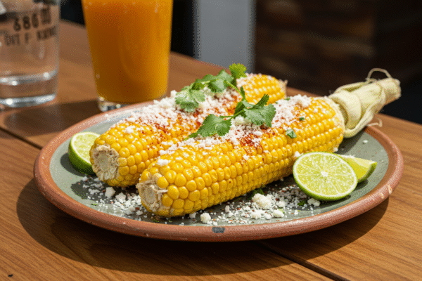 Authentic Mexican street corn with traditional toppings