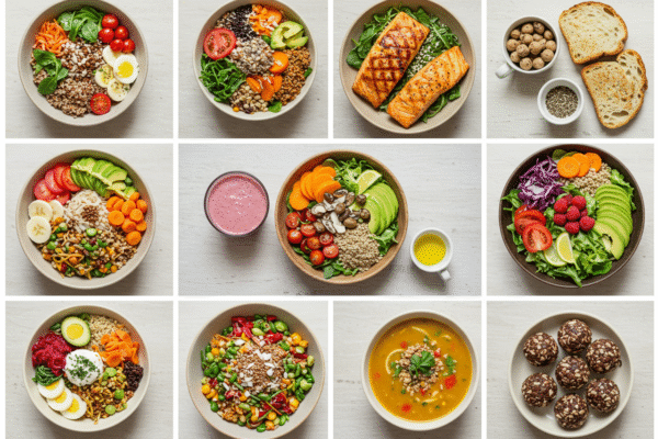 Collage of nine different healthy sample food recipes