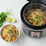 A simple reel image showing a modern rice cooker steaming next to a vibrant bowl of coconut ginger rice with vegetables, perfect for busy nights