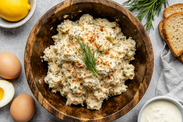 Creamy egg salad recipe with fresh herbs served on toasted bread