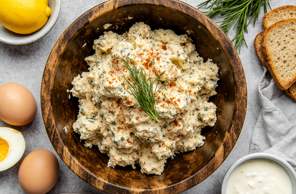 Creamy egg salad recipe with fresh herbs served on toasted bread