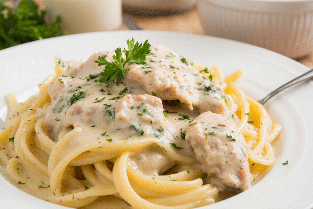 Creamy simple chicken alfredo recipe with sliced chicken and fettuccine topped with parsley