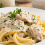 Creamy simple chicken alfredo recipe with sliced chicken and fettuccine topped with parsley