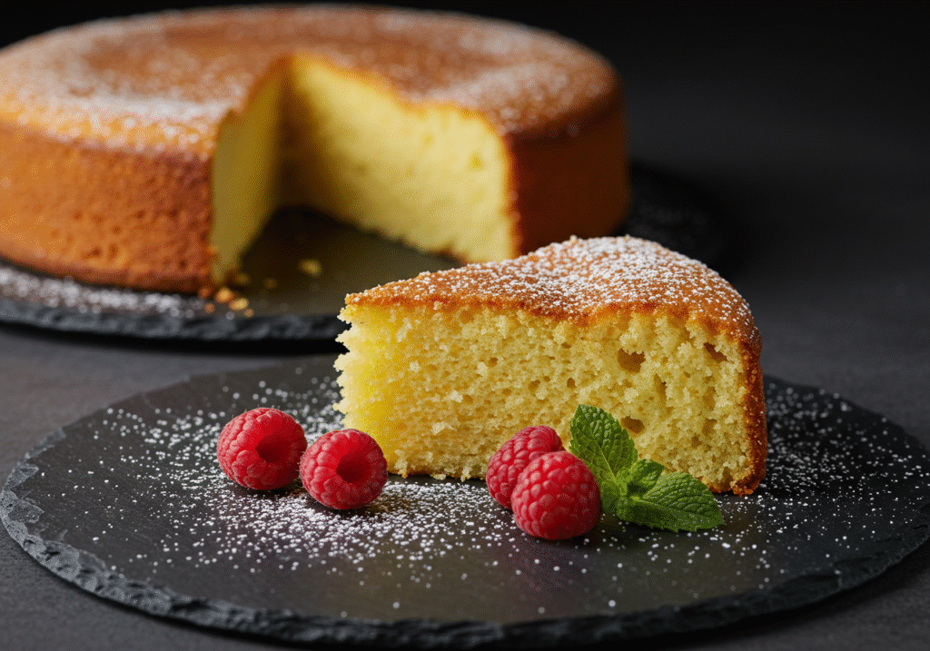 A close-up slice of homemade fluffy butter cake on a dark slate plate, showing a moist, tender crumb, dusted with powdered sugar.