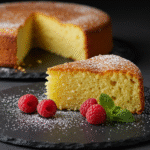 A close-up slice of homemade fluffy butter cake on a dark slate plate, showing a moist, tender crumb, dusted with powdered sugar.
