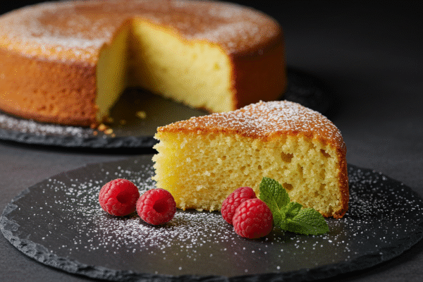 A close-up slice of homemade fluffy butter cake on a dark slate plate, showing a moist, tender crumb, dusted with powdered sugar.