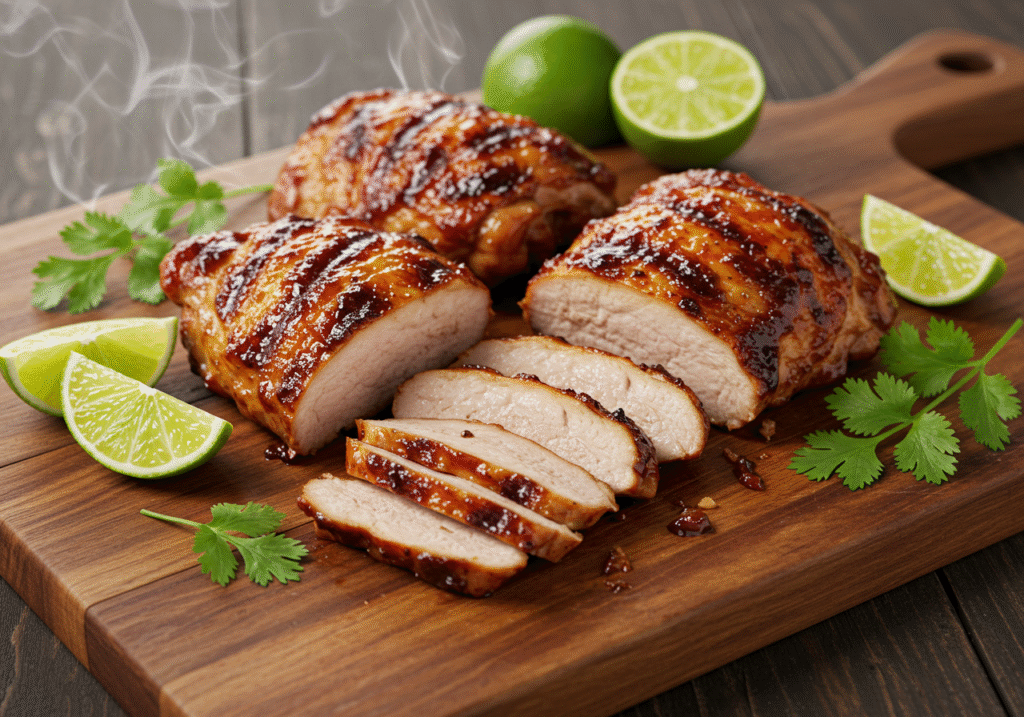 Perfectly grilled, juicy chipotle chicken recipe with smoky adobo glaze on a rustic board.