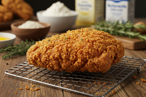 Ultimate crispy buttermilk fried chicken recipe resting on a wire rack for maximum crunch.