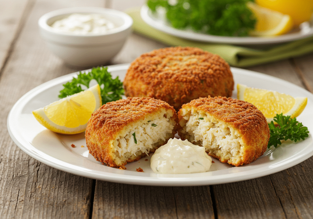 Golden-brown crispy homemade crab cakes with a flaky interior, served with lemon and remoulade sauce.