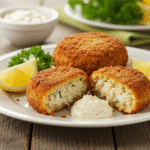 Golden-brown crispy homemade crab cakes with a flaky interior, served with lemon and remoulade sauce.
