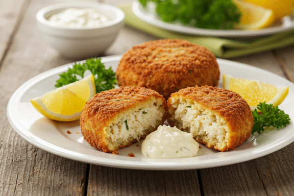 Golden-brown crispy homemade crab cakes with a flaky interior, served with lemon and remoulade sauce.