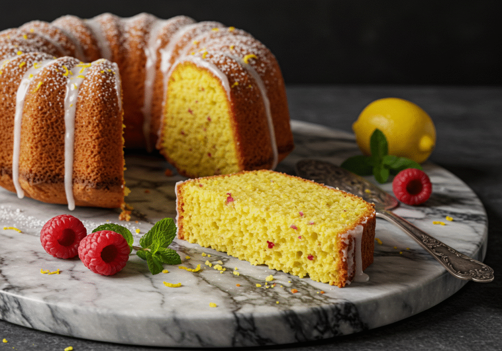 Slice of homemade moist lemon pound cake with lemon glaze on a marble board, next to a whole bundt cake and fresh raspberries.
