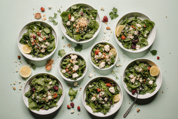 Seven different simple green salad variations