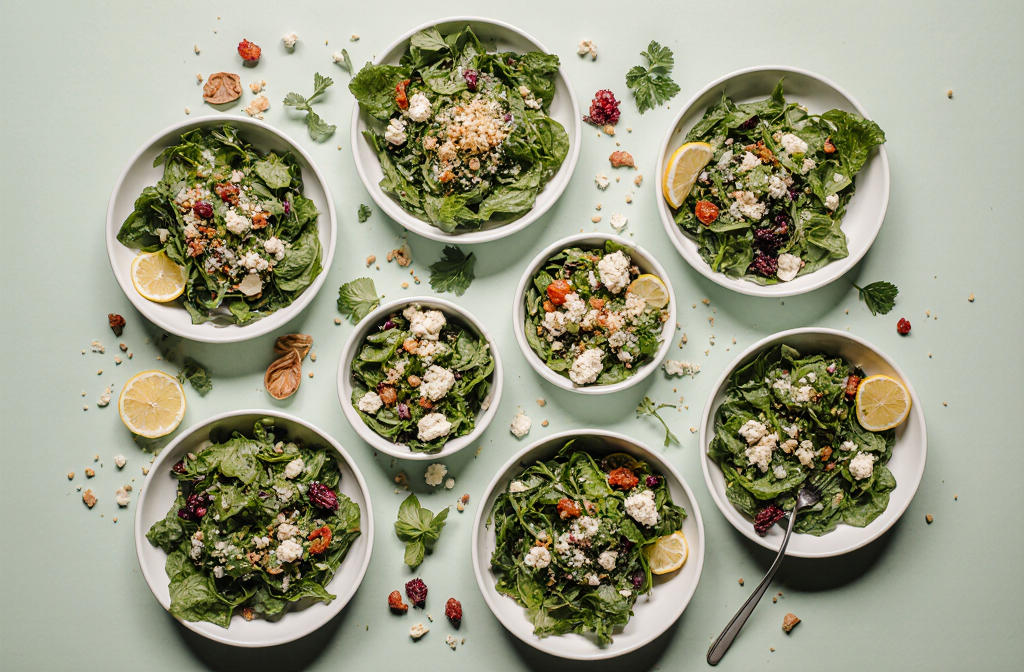 Seven different simple green salad variations