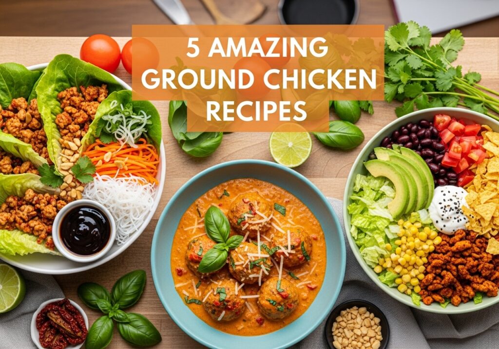Variety of delicious ground chicken recipes including lettuce wraps, meatballs, and taco salad arranged beautifully