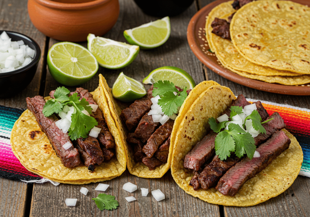 Authentic carne asada tacos with fresh toppings