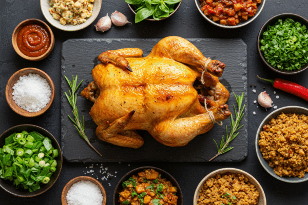 Rotisserie chicken with international meal components