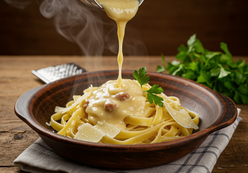 Silky homemade creamy pasta sauce being poured over fettuccine in a rustic bowl, garnished with fresh parsley and Parmesan cheese.
