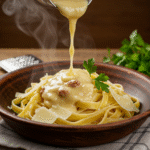 Silky homemade creamy pasta sauce being poured over fettuccine in a rustic bowl, garnished with fresh parsley and Parmesan cheese.