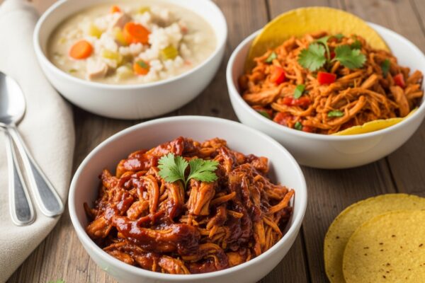 A variety of easy shredded chicken recipes including BBQ chicken, chicken taco filling, and creamy soup, presented in bowls on a rustic table
