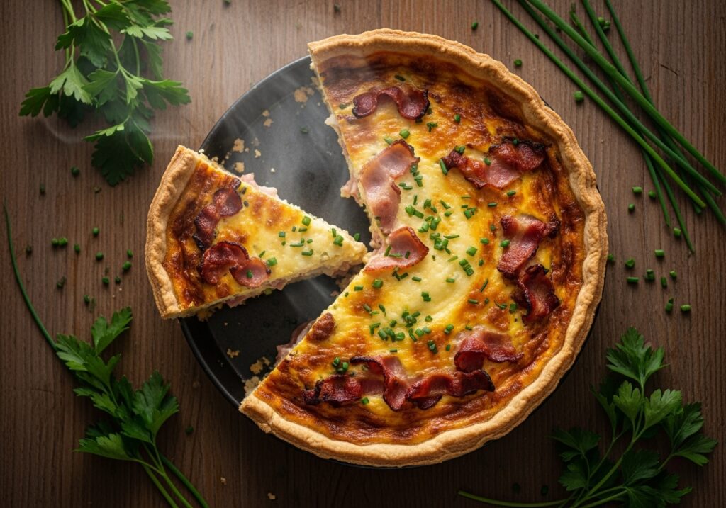 Golden brown homemade breakfast quiche with flaky crust and creamy egg filling, topped with bacon and cheese.