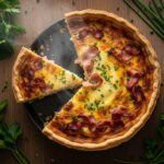 Golden brown homemade breakfast quiche with flaky crust and creamy egg filling, topped with bacon and cheese.