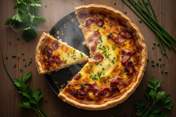 Golden brown homemade breakfast quiche with flaky crust and creamy egg filling, topped with bacon and cheese.