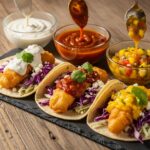 Three small bowls of different colored fish taco sauces drizzled over grilled fish tacos with colorful toppings