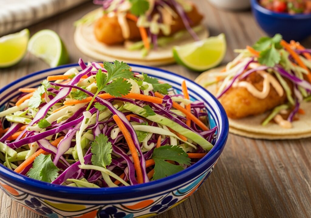 Colorful fish taco slaw in a large bowl with red cabbage, carrots, and cilantro, served alongside fish tacos