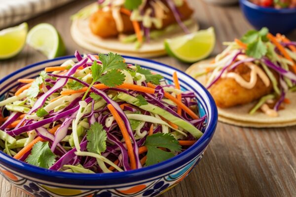Colorful fish taco slaw in a large bowl with red cabbage, carrots, and cilantro, served alongside fish tacos