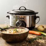 A steaming bowl of creamy chicken and wild rice soup from easy crockpot soup recipes, with a slow cooker in the background on a rustic table.