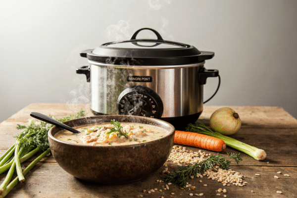 A steaming bowl of creamy chicken and wild rice soup from easy crockpot soup recipes, with a slow cooker in the background on a rustic table.