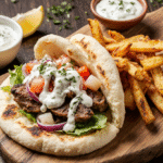 Homemade gyro meat slices on a warm pita with tzatziki and fresh vegetables.