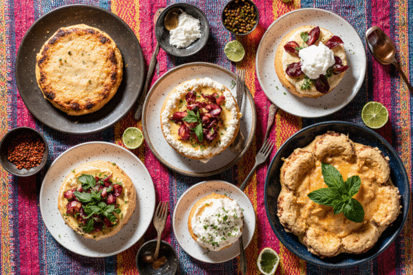Assortment of homemade Mexican desserts including flan, churros, and cinnamon cookies arranged on a colorful woven blanket