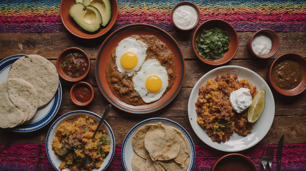 Colorful Mexican breakfast spread featuring huevos rancheros, chilaquiles, tortillas and fresh salsa on wooden table