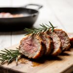 Perfectly cooked duck breast with crispy golden skin and pink interior, sliced and arranged on a wooden board