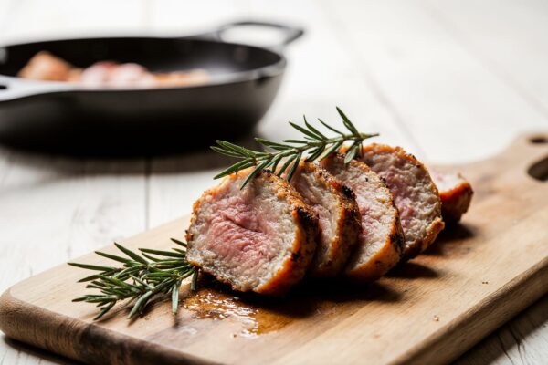 Perfectly cooked duck breast with crispy golden skin and pink interior, sliced and arranged on a wooden board