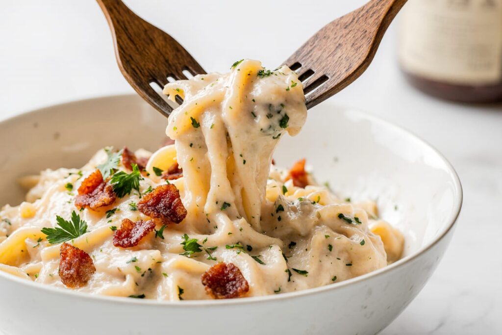 Creamy chicken bacon ranch pasta in a white bowl, garnished with fresh parsley and extra bacon crumbles