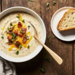 A steaming bowl of creamy potato soup garnished with chives, bacon, and a drizzle of cream, with a rustic bread roll on the side.