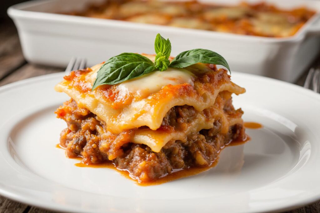 A portion of perfectly baked homemade lasagna with bubbling cheese and rich layers, served on a plate with fresh basil garnish.