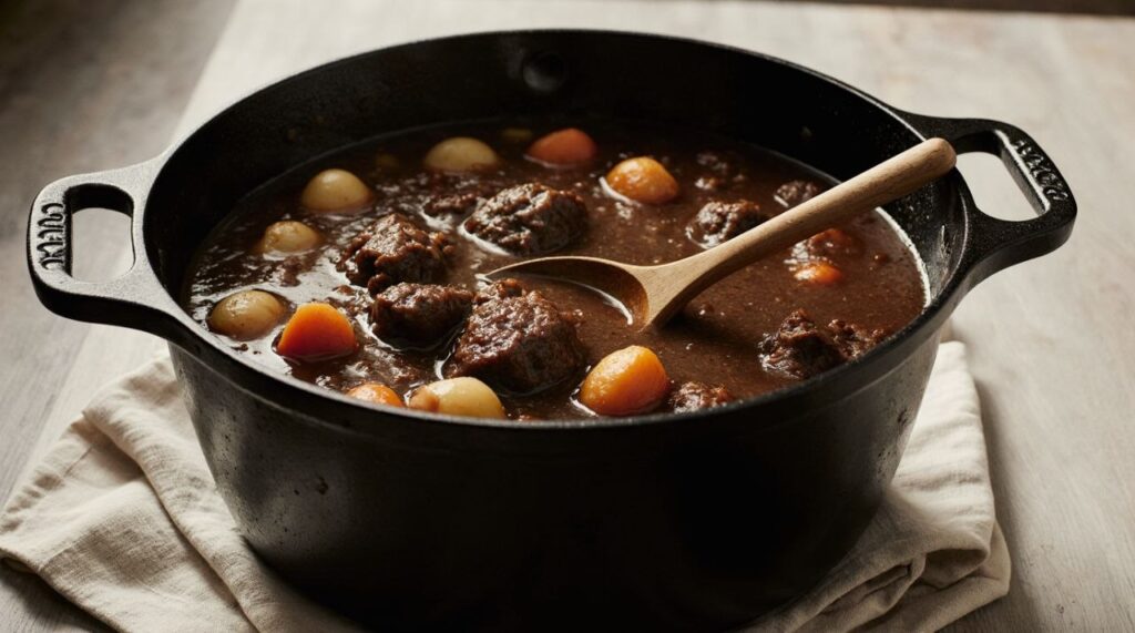 Hearty beef stew in a Dutch oven with tender meat, carrots, and potatoes in rich gravy