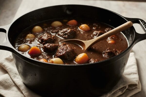 Hearty beef stew in a Dutch oven with tender meat, carrots, and potatoes in rich gravy