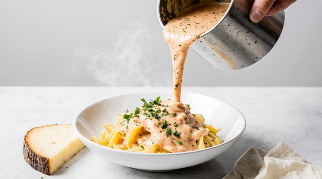 Creamy homemade Alfredo sauce being poured over fettuccine pasta in a white ceramic bowl