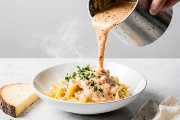 Creamy homemade Alfredo sauce being poured over fettuccine pasta in a white ceramic bowl