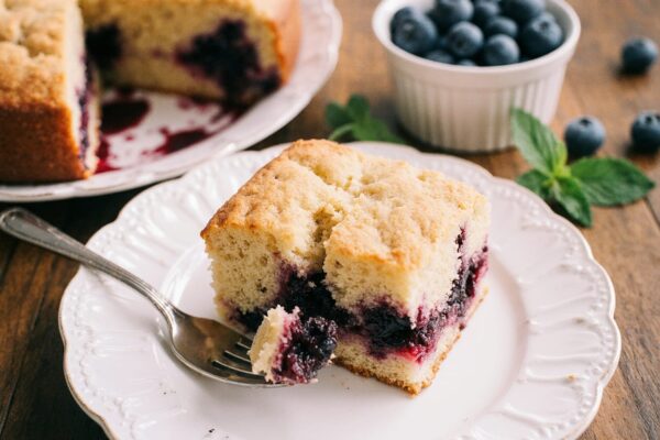 Slice of moist blueberry cake with a crackly sugar top, fresh blueberries, and a dollop of whipped cream on a vintage plate.