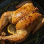 A perfectly golden roast chicken with crackled, amber skin, resting on a bed of rustic root vegetables in a cast iron skillet.