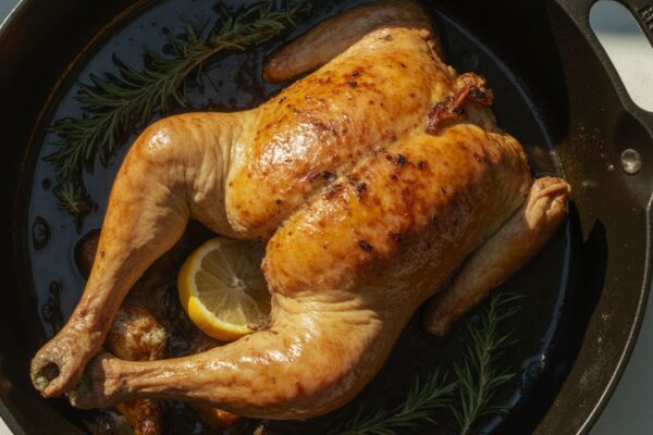 A perfectly golden roast chicken with crackled, amber skin, resting on a bed of rustic root vegetables in a cast iron skillet.