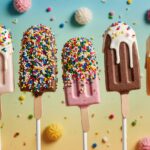 Colorful cake popsicles with sprinkles on sticks against a bright background